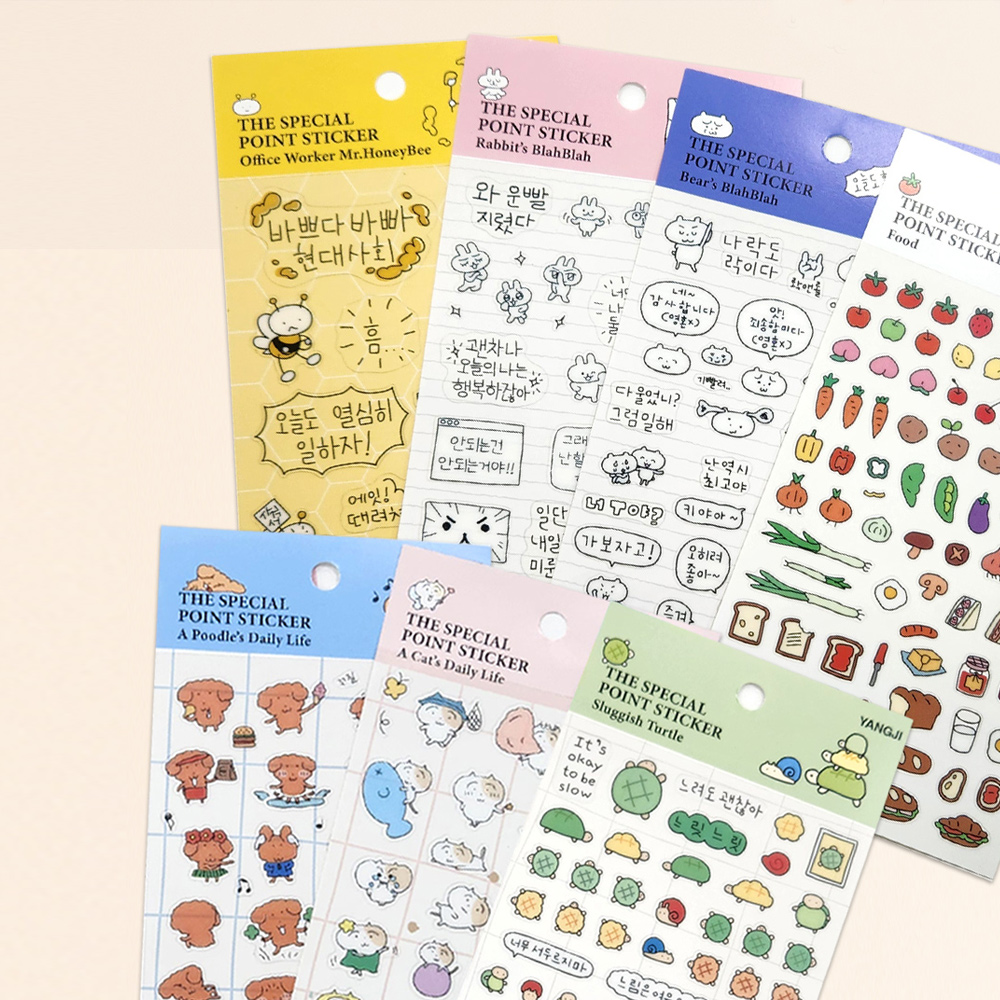 더스페셜-포인트스티커-유광투명스티커 7종(고양이,푸들,거북이,토끼,곰돌이,꿀벌,푸드)